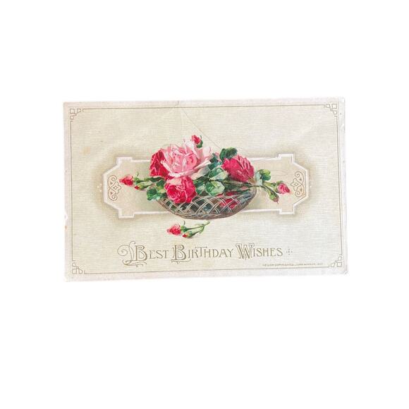 Antique 1912 Ephemera Happy Birthday Roses Embossed Posted Signed Postcard SEE - Picture 2 of 6